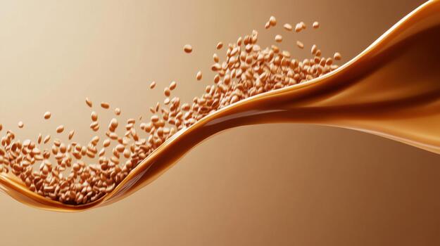 Coffee Beans in Motion on Caramel Liquid Wave, Smooth Background photo