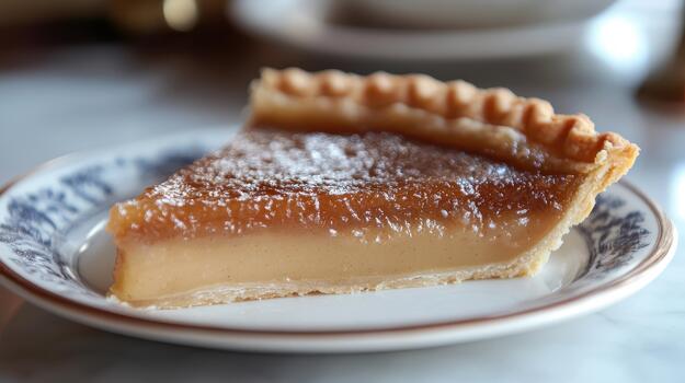 Slice of Sugar Cream Pie With Crust on a Decorative Plate at Daytime photo