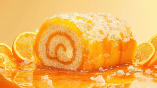 Orange Roll Cake Dessert With Citrus Slices and Sugary Topping photo