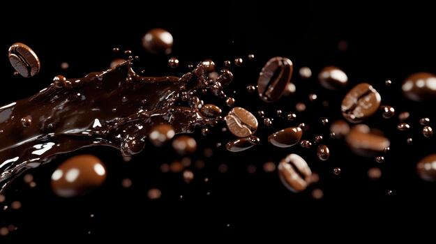 Coffee Beans and Liquid Coffee Splash With Black Background Create an Elegant Effect photo