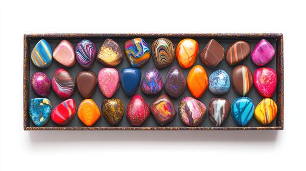 Box of Colorful Chocolates in a Rectangular Container, on a White Surface photo