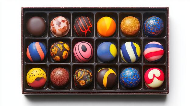 Box of Assorted Gourmet Chocolates Arranged in Decorative Patterns photo