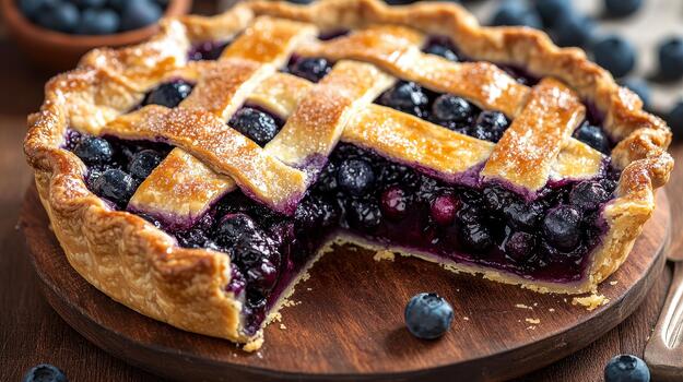Blueberry Pie With Lattice Crust Sits on a Wooden Board, Partially Sliced photo