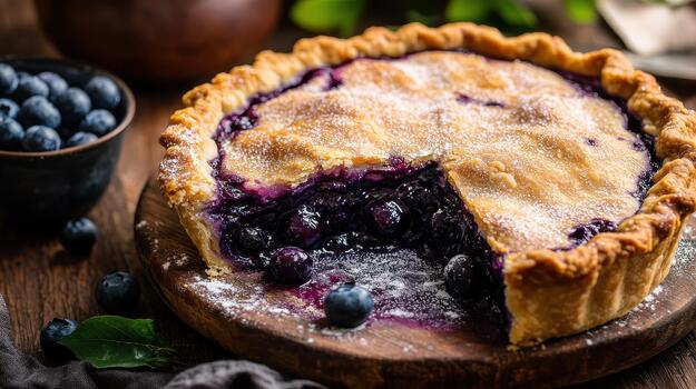 Blueberry Pie With a Slice Missing, Served on Wooden Board photo