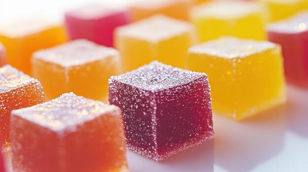 Assorted Colorful Fruit Flavored Sugar Coated Jelly Cubes Close Up photo