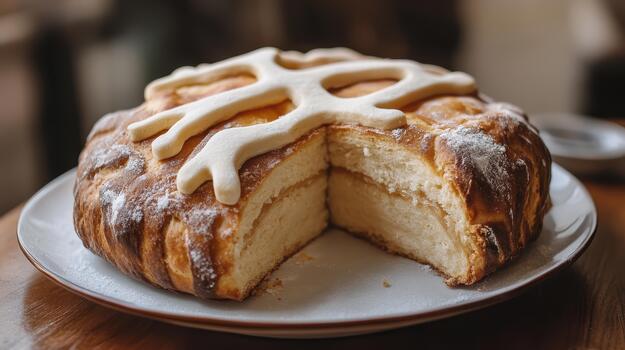 Rosca De Reyes, a Traditional Kings Cake, is Cut Open and Displayed on a Plate photo