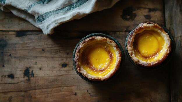 Two Custard Tarts Displayed on a Rustic Wooden Surface With a Linen Cloth photo