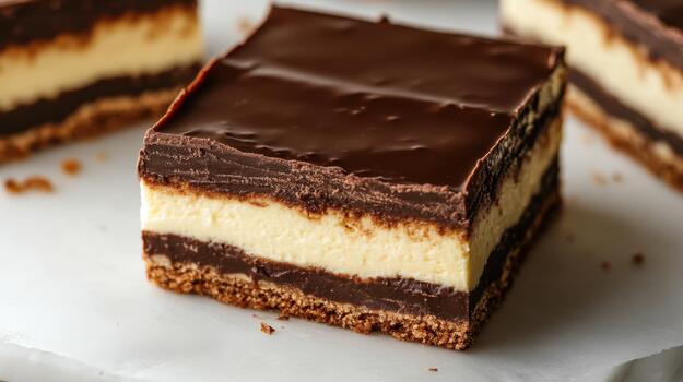 Dessert Nanaimo Bars With Layers of Cream and Chocolate Frosting photo