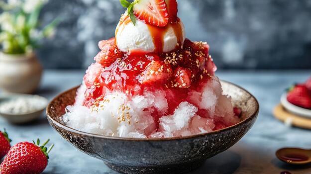 Shaved Ice Dessert With Strawberry Sauce and Ice Cream in a Bowl photo