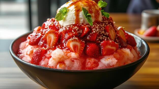 Korean Dessert Kakigori With Strawberries and Ice Cream on Table photo