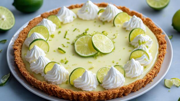 Delicious Key Lime Pie With Graham Cracker Crust, Whipped Cream, and Lime Slices photo