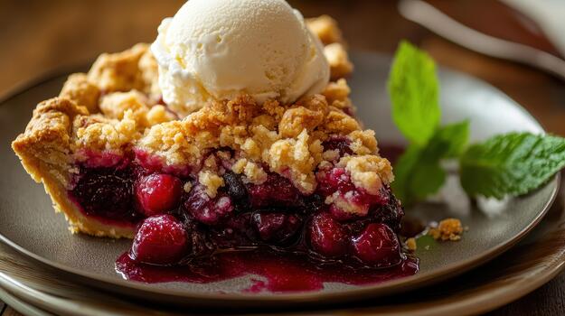 Cherry Pie Slice With Vanilla Ice Cream and a Mint Sprig photo