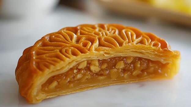 Half Mooncake With Peanut Filling is Displayed Closely in Studio photo