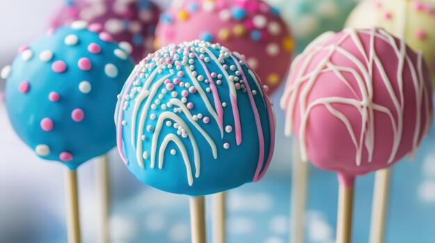 Colorful Cake Pops With Sprinkles and Icing Displayed on Sticks for a Party photo