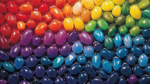 Colorful Candy Bean Arrangement in a Rainbow Spectrum on a Flat Surface photo