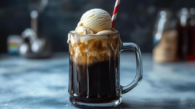 Root Beer Float With Vanilla Ice Cream Served in a Mug photo