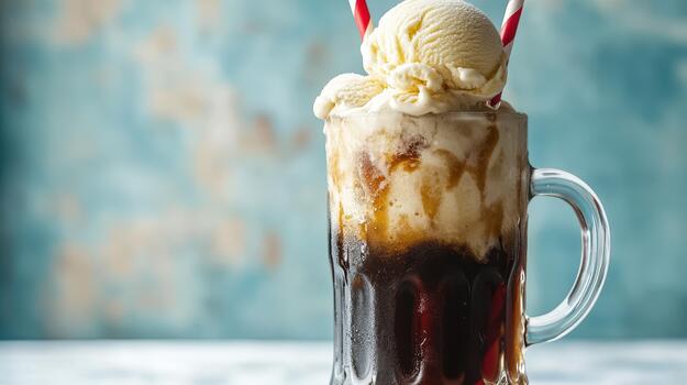 Refreshing Root Beer Float With Vanilla Ice Cream and Striped Straws photo