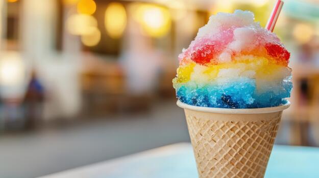 Colorful Shaved Ice Dessert in a Cone Outside During the Daytime photo