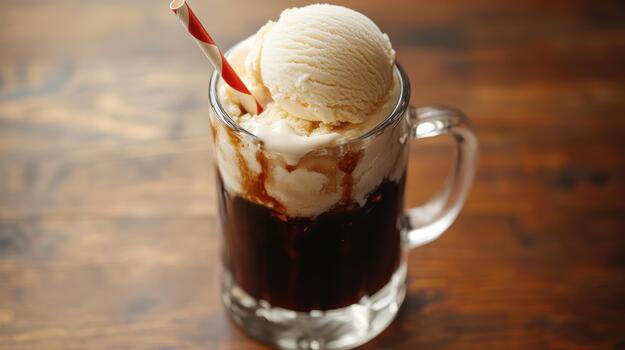 Root Beer Float in Glass Mug Sits on Wood Table With Straw photo