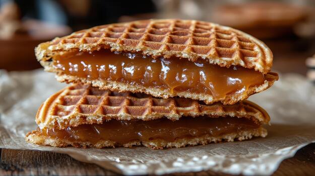 Stacked Stroopwafels Filled With Caramel Syrup Sit on Paper photo