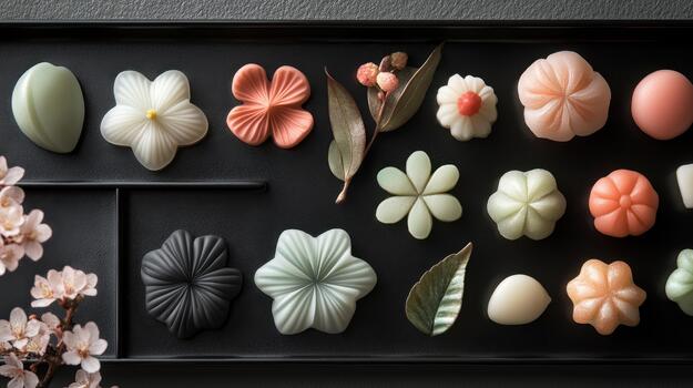 Assorted Wagashi on Black Tray With Cherry Blossom Branch photo