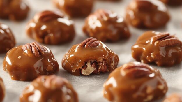 Homemade Pecan Turtles With Caramel Coating on Parchment Paper photo