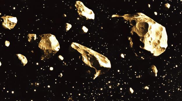 Asteroids and Stars Populate the Dark Sky in Outer Space Near Earth photo