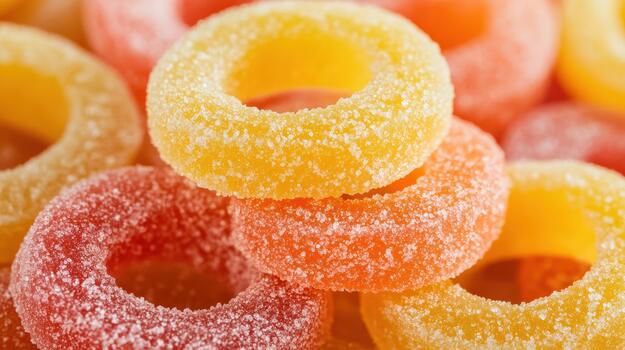 Close up of Colorful Sugared Gummy Rings Piled Together on a Surface photo