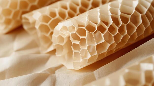 Honeycomb Structure Made of Light Colored Paper Displayed Close Up photo
