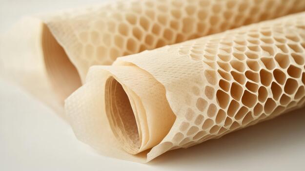 Close up of Edible Rice Paper in Roll With Honeycomb Structure on White photo