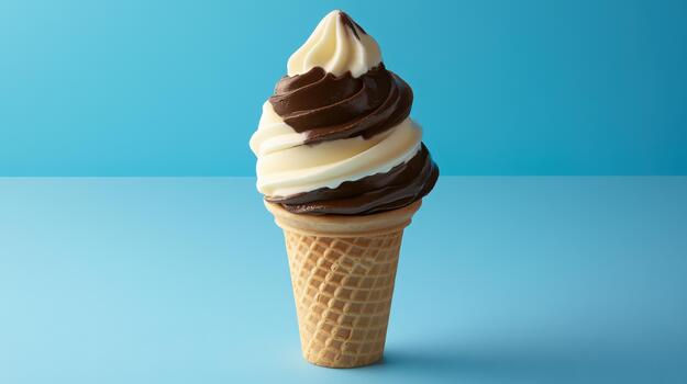 Vanilla and Chocolate Soft Serve Ice Cream Cone on Blue Background photo