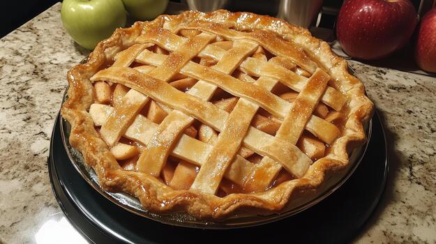 Fresh Baked Apple Pie With Lattice Crust on Kitchen Counter With Ripe Apples photo