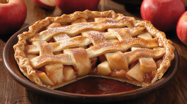 Fresh Baked Apple Pie With Lattice Crust Sitting on a Brown Wooden Table photo