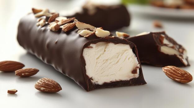 Chocolate Covered Ice Cream Bar With Almonds Sits on White Surface photo