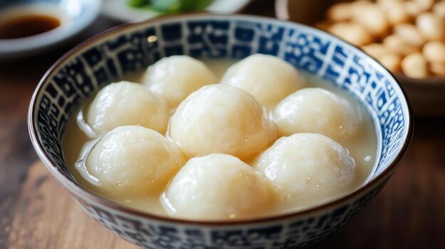Tangyuan Served in Sweet Broth in a Patterned Bowl on a Wooden Surface photo