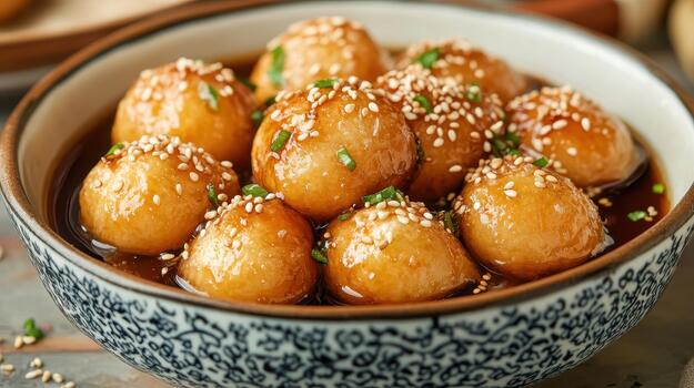 Glazed Dumplings Sit in a Patterned Bowl on a Tabletop Surface photo