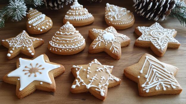 Decorated Gingerbread Cookies Shaped as Stars and Trees on Wooden Table photo
