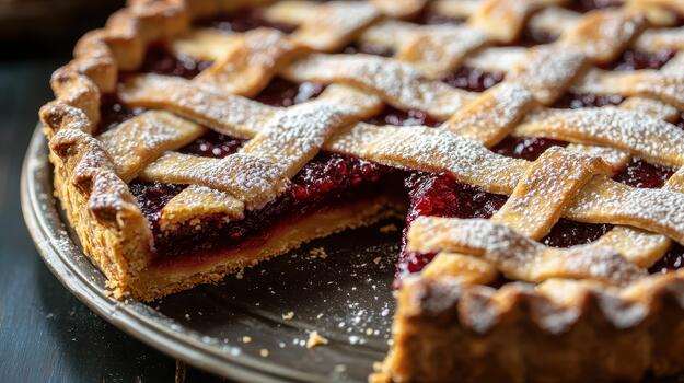 Freshly Baked Cherry Pie With Lattice Crust and Powdered Sugar photo