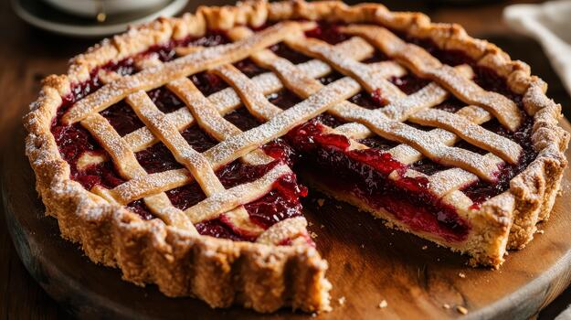 Delicious Fresh Cherry Pie With Lattice Crust and Powdered Sugar on Wood photo
