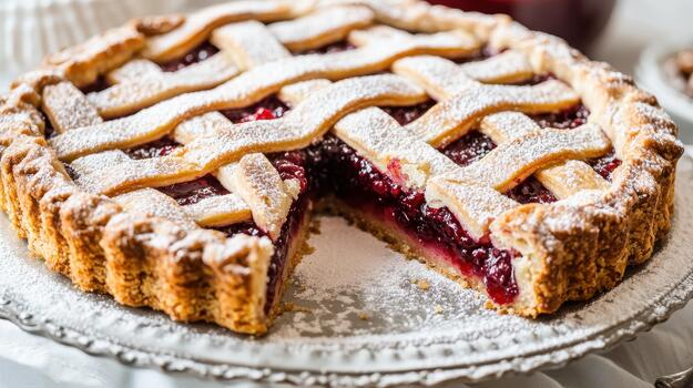 Freshly Baked Cherry Pie With Lattice Crust Dusted With Powdered Sugar photo