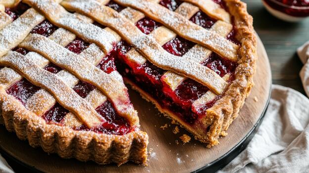 Cut Berry Pie With Lattice Crust Sits on Wooden Board photo