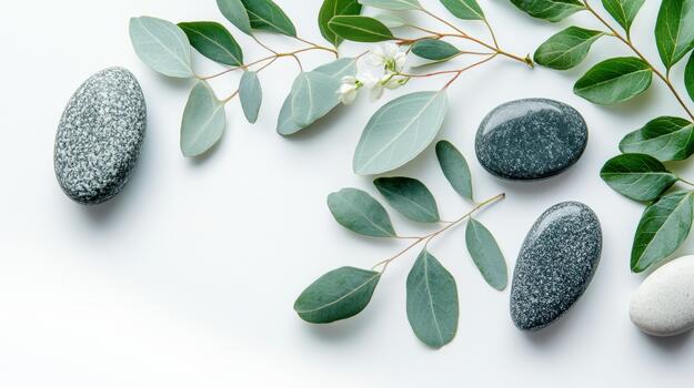 Minimalist Arrangement With Smooth Stones and Eucalyptus Leaves on White Background photo