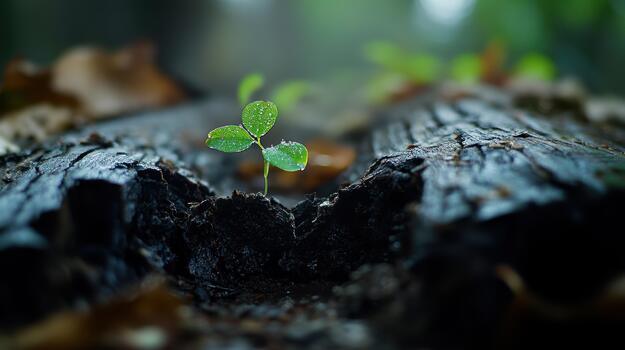 Small Sprout Growing From a Charred Tree Stump in Nature photo