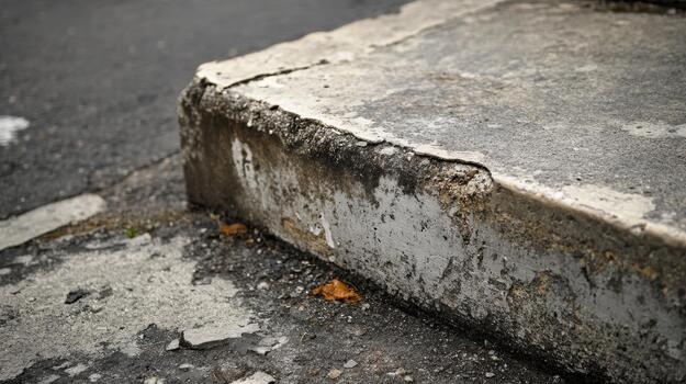 Concrete Step Shows Its Age, With Cracks and Weathering Near Dark Pavement on Ground photo