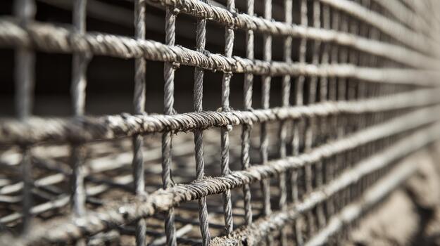 Close up of a Weathered Metal Cable Grid Forming a Square Pattern photo