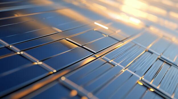 Close up Shows Sunlight Reflecting off Clean Solar Panel Array in Daytime photo