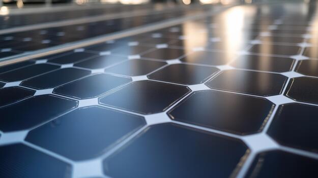 Close up Shows Array of Dark Solar Panels Reflecting Sunlight in Daytime photo