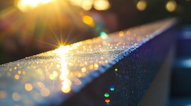Golden Hour Sunlight on Wet Railing Creates Sparkling Bokeh photo