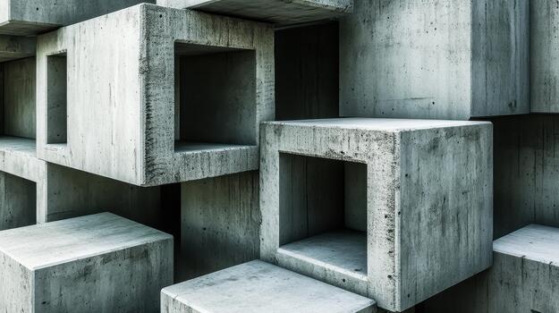 A close up of abstract concrete structures with cubic forms, showcasing their raw texture and minimalist design. photo