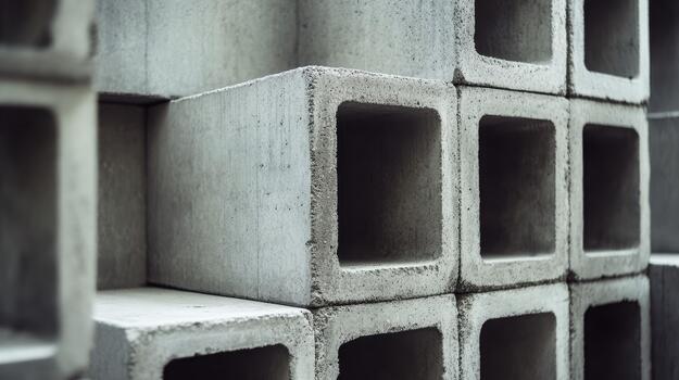 Close up of stacked concrete blocks, showcasing their textured surfaces and geometric shapes. photo